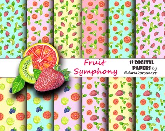 Fruit Symphony Digital Paper Pack Pattern Design Digital Papers Strawberry Seamless Patterns Fruit Surface Fruit Stickers Supplies