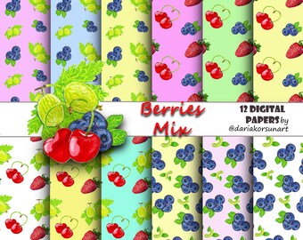 Berry Mix Seamless Digital Paper Pack – Strawberry, Blueberry & Raspberry Patterns "12x12" 300 DPI JPG
