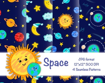 Space Pattern Solar System Digital Paper Science Background Back To School Pattern Design Planets and Space Background Instant Download