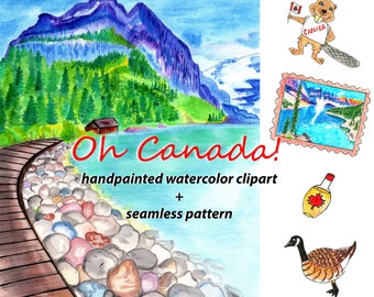 Canada Handpainted Watercolor Clipart Digital Pattern Canada Day Nature Canada Printable Clipart Maple Syrup Canadian Goose I Love Canada