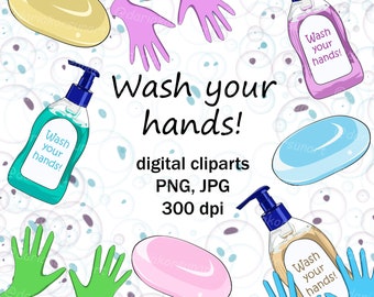 Wash Your Hands Clipart Stay at home Virus PNG JPG Doctor Nurse Gloves Soap Protect yourself Printable Art Medical Science Art Health Care