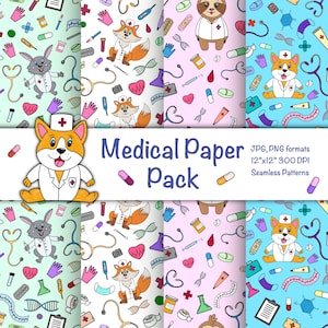 Cute Medical Digital Paper, Animal Doctor Clipart, Nurse Scrapbook Papers, Hospital Theme Kids, Pediatric Clinic Decor, Instant Download