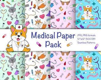 Medical Digital Papers Cute Animal Patterns Nurse Doctor Pattern Hospital Science Background Stethoscope Medicine Healthcare Workers Paper