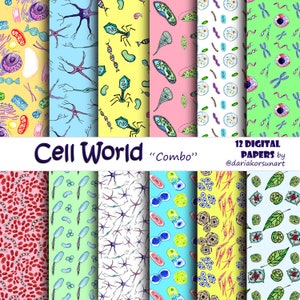 May include: Twelve digital papers featuring colourful illustrations of various cells, including neurons, bacteria, and plant cells. The papers are labelled "Cell World" and "Combo".