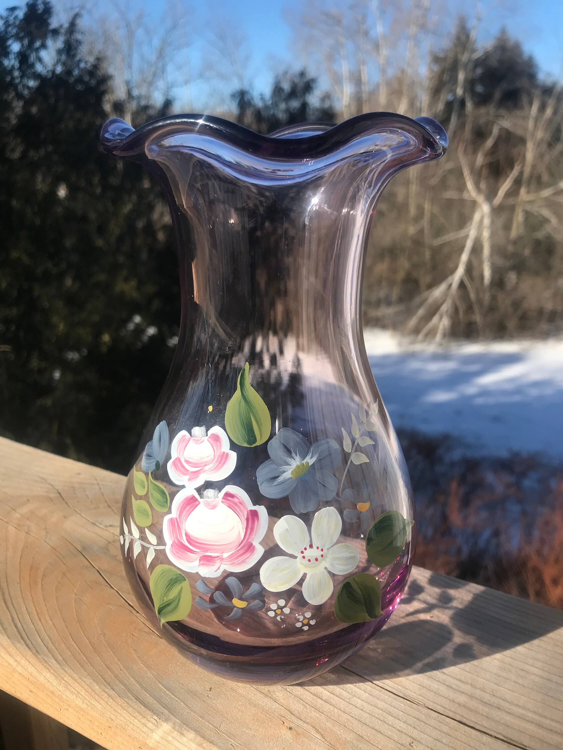 Vintage Vase Amethyst Hand Blown and Hand Painted Art Glass Etsy UK
