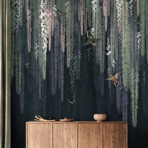 Blooming liana wall mural with birds Flowers and leaves wallpaper Peel and stick