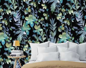 Peel-and-Stick Removable Wallpaper Modern Botanical Floral Chintz Coral Blue