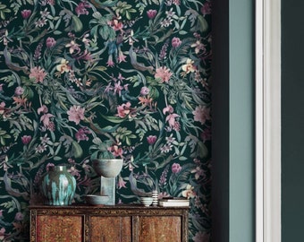 Floral wallpaper watercolor flowers Peel and stick self adhesive or Traditional accent wallpaper botanical