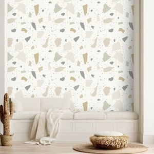 Neutral terrazzo home decor - Peel and stick or traditional wallpaper