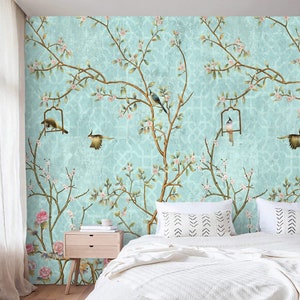 Chinoiserie wallpaper with birds Vintage floral wall mural Peel and stick or traditional accent wallpaper