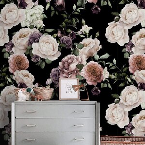 Dark floral wallpaper Peel and stick removable or Traditional wallpaper watercolor flowers vintage style
