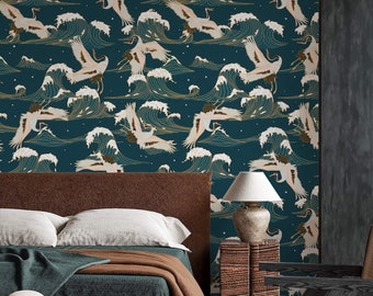 Wallpaper cranes Chinoiserie birds Peel and stick removable or Traditional dark emerald wallpaper