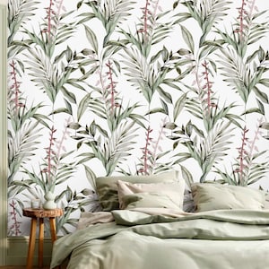 Botanical wallpaper leaves Peel and stick or Traditional textured accent wallpaper