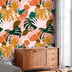 Vibrant tropical wallpaper exotic leaves Peel and stick removable or Traditional accent wallpaper