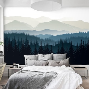Foggy forest wallpaper Misty forest wall mural mountains Peel and stick removable or Traditional accent wall