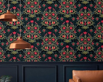 Dark floral wallpaper vintage botanical Peel and stick or Traditional accent wallpaper