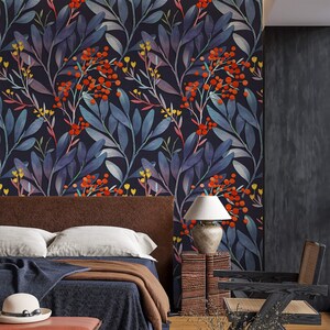 Dark blue floral wallpaper Peel and Stick removable or Traditional accent wallpaper botanical