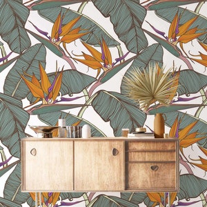 Tropical wallpaper banana leaves exotic flowers Peel and stick removable wallpaper