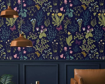 Dark floral wallpaper botanical herbs and wildflowers Peel and stick or Traditional wallpaper