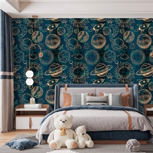 Space wallpaper planets and stars Kids wall decal Peel and stick removable or Traditional accent wallpaper