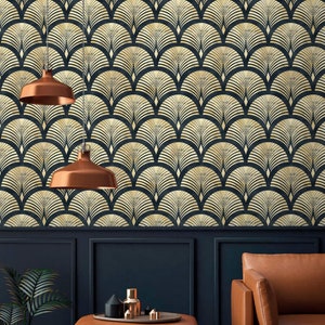Art deco wallpaper fans black gold non metallic Peel and stick removable or Traditional accent wallpaper