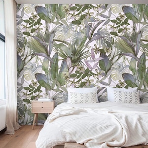 Papier peint tropical feuilles et fleurs autocollant ou papier peint traditionnel aquarelle feuilles de palmier