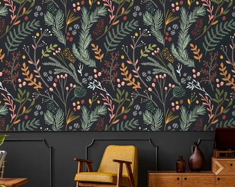Wallpaper leaves Peel and stick removable botanical wallpaper herbs Dark background vintage wallpaper