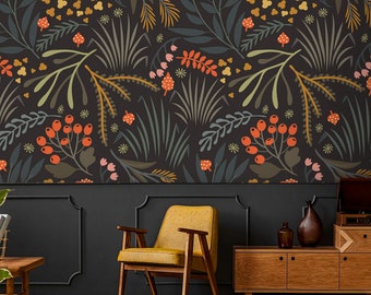 Wallpaper leaves dark botanical Peel and stick removable or Traditional wallpaper herbs vintage style