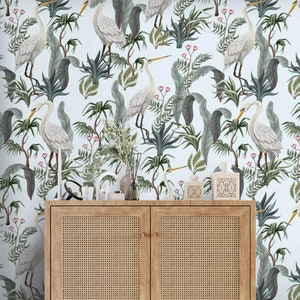 Botanical wallpaper with cranes Chinoiserie style wall paper Peel and stick removable wallpaper