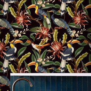Dark tropical wallpaper Bright colorful jungle Peel and stick removable or Traditional Toucan exotic leaves wallpaper