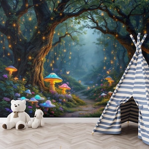 Papier peint forêt magique avec champignons fées, décoration murale pour enfants