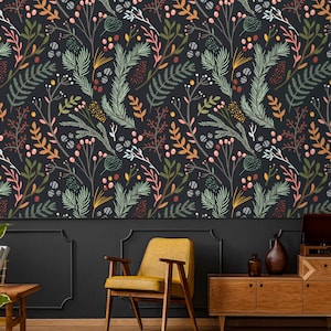 Wallpaper leaves Peel and stick removable botanical wallpaper herbs Dark background vintage wallpaper SKU 0970