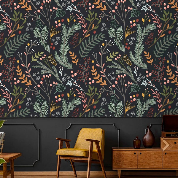 Wallpaper leaves Peel and stick removable botanical wallpaper herbs Dark background vintage wallpaper SKU 0970