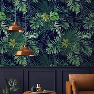 Dark tropical wallpaper large palm leaves Peel and stick removable or Traditional accent wallpaper