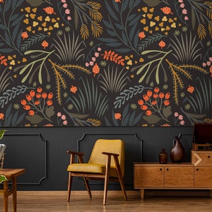 Wallpaper leaves dark botanical Peel and stick removable or Traditional wallpaper herbs vintage SKU 0960
