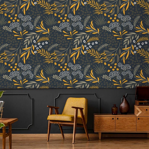 Dark botanical wallpaper leaves Peel and stick removable or Traditional accent wallpaper herbs vintage style