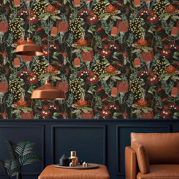 Dark botanical wallpaper mushroom Fairy whimsical design Peel and stick removable or Traditional accent wall SKU 0980