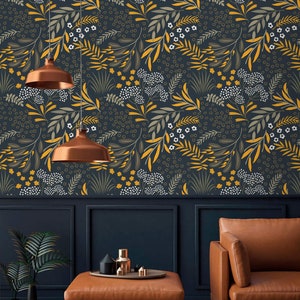Dark Botanical Wallpaper Leaves Peel and Stick Removable or Traditional ...