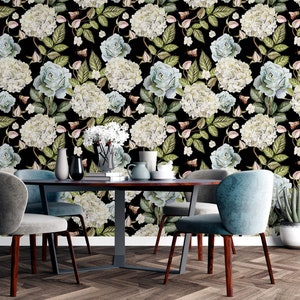 Dark floral wallpaper large watercolor flowers blue white roses Peel and stick removable or Traditional wallpaper