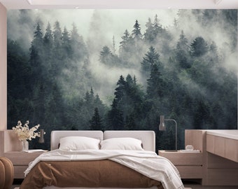 Forest wallpaper landscape Peel and stick removable or Traditional accent wall mural foggy forest