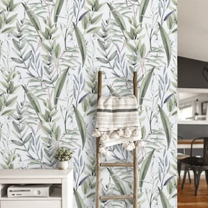 Botanical wallpaper Peel and stick olive green watercolor leaves Removable or Traditional wallpaper