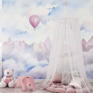 Baby girl room mountains wall mural Nursery wallpaper pastel landscape with baloons