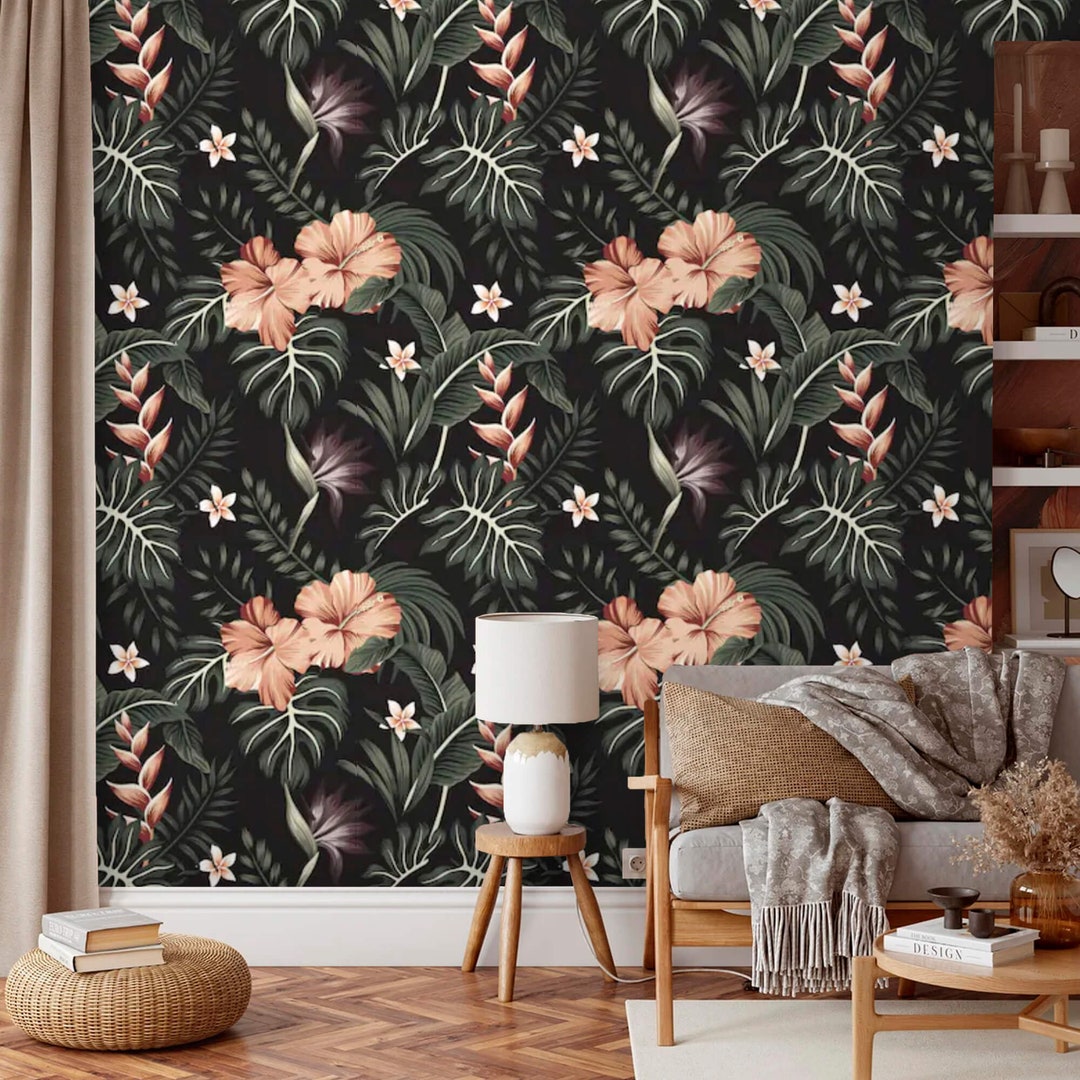 Dark Tropical Floral Wallpaper Peel and Stick Removable or Traditional ...