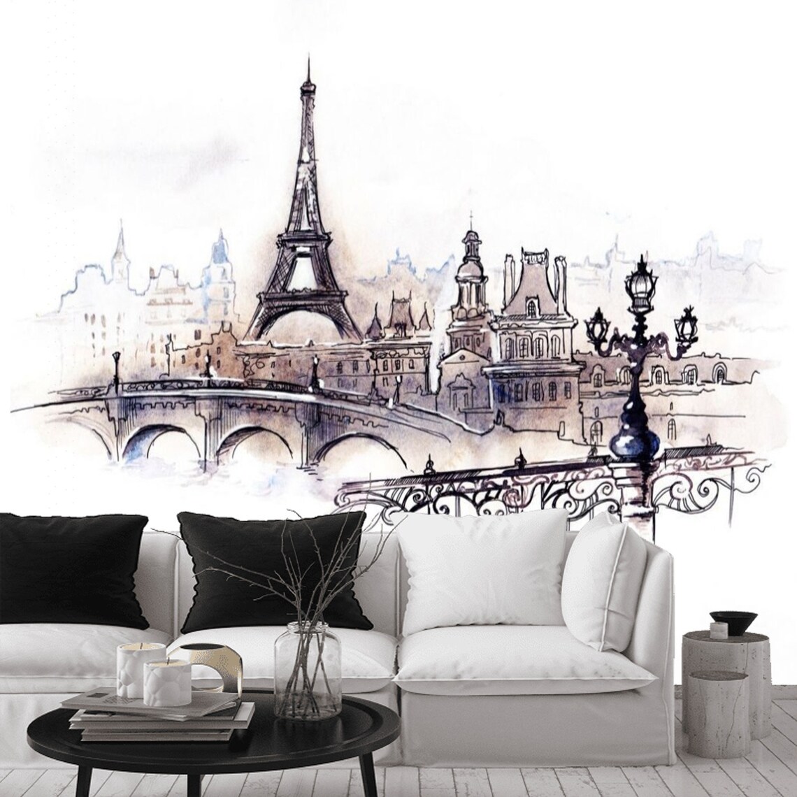 Wallpaper Mural Paris Eiffel Tower Peel and Stick Watercolor | Etsy