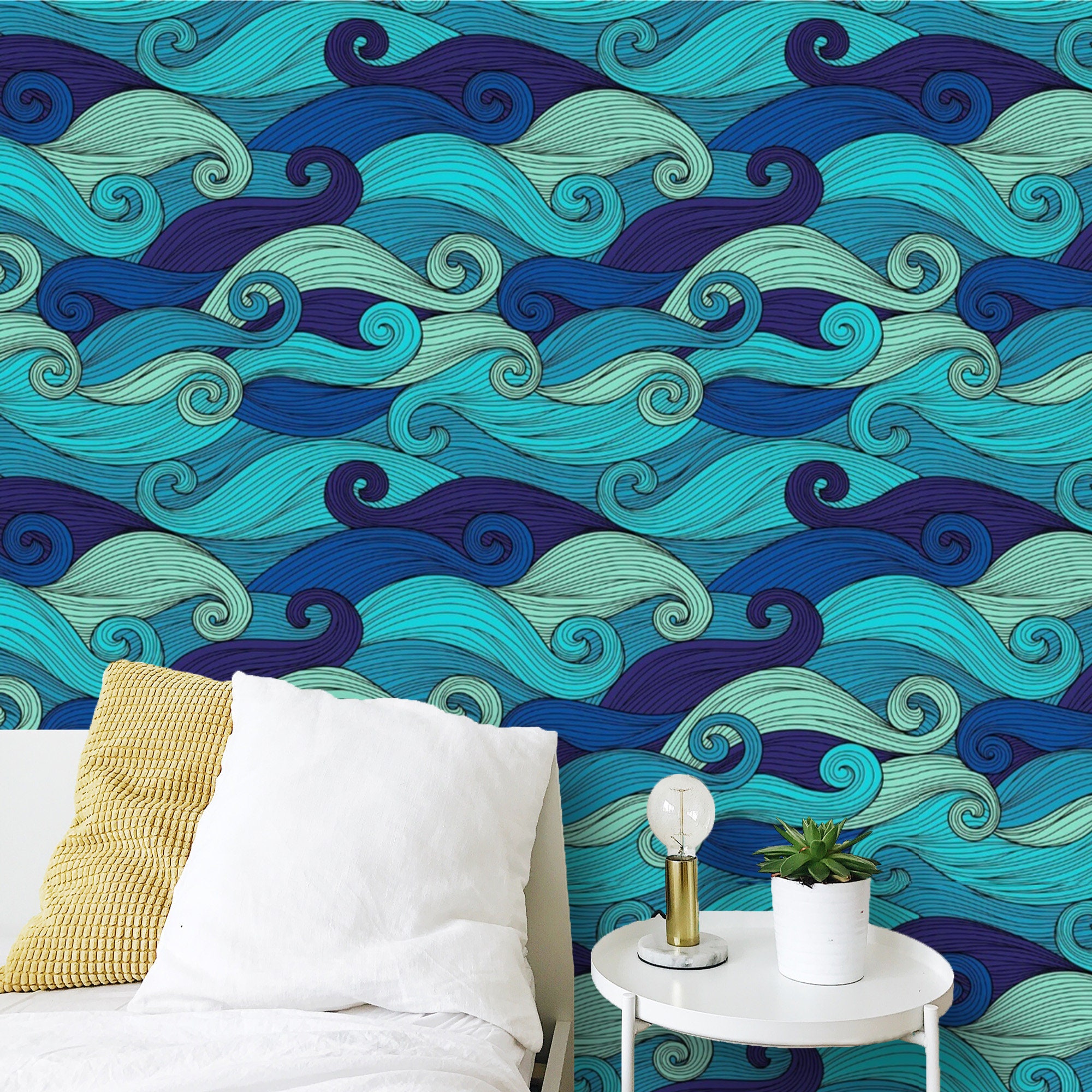Wallpaper Blue Waves Peel and Stick Ocean Wallpaper Mural | Etsy