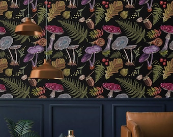 Mushroom wallpaper forest dark botanical fairy wallpaper Peel and stick removable or Traditional