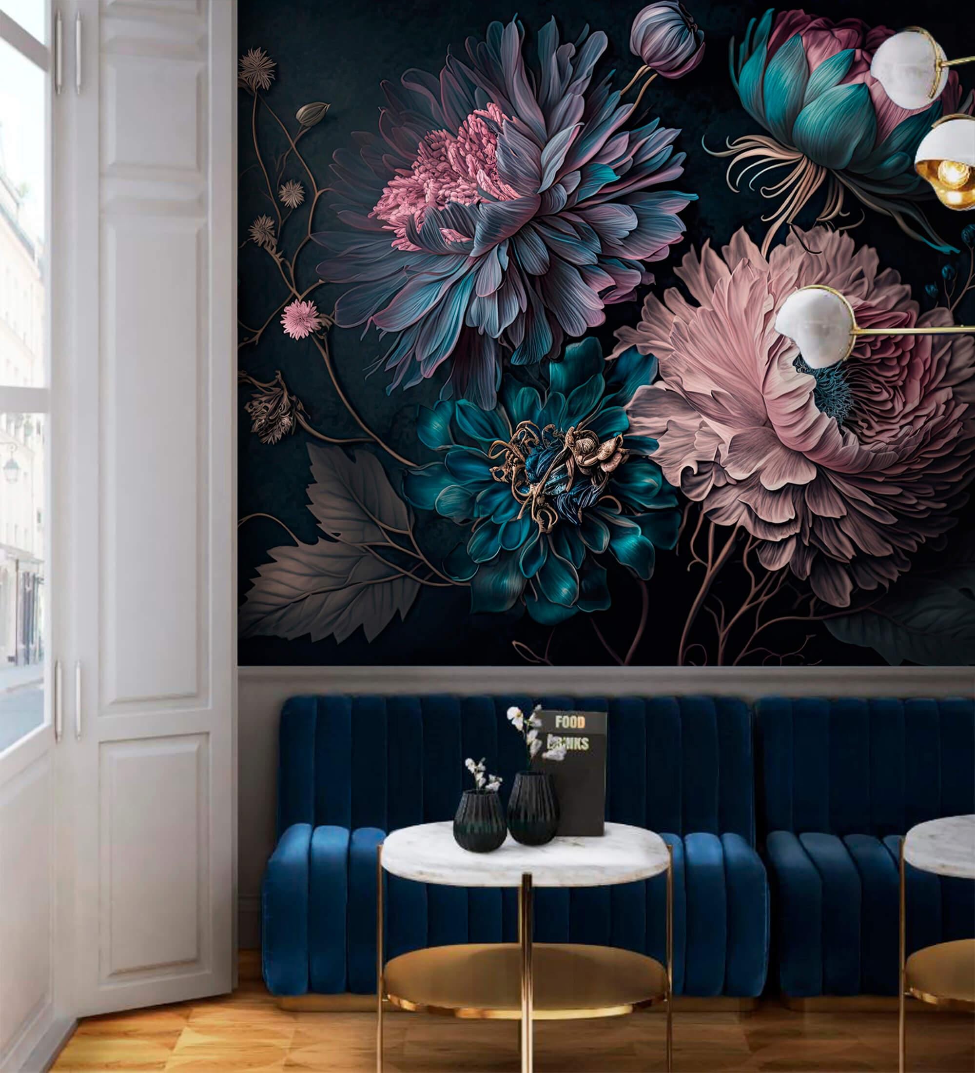 Dark Oversized Floral Wallpaper Mural – Dramatic Vintage Moody Wall Art ...
