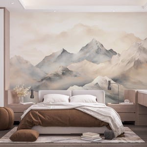 Pastel watercolor mountains wall mural Neutral landscape Peel and stick removable wall decal
