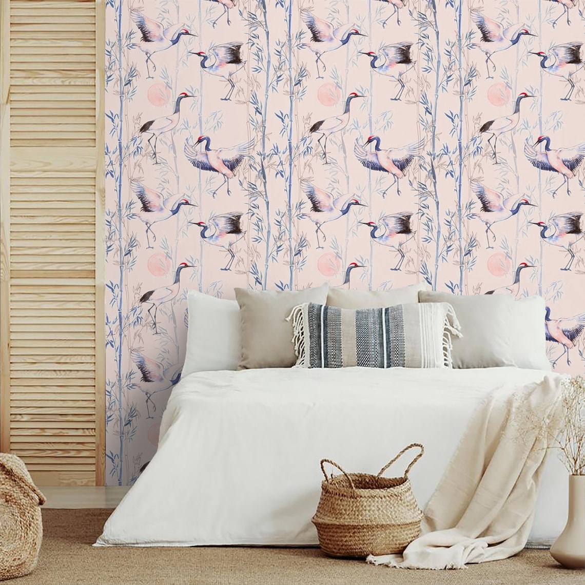 Pink Chinoiserie Wallpaper with birds Vintage Wall Paper Heron Etsy