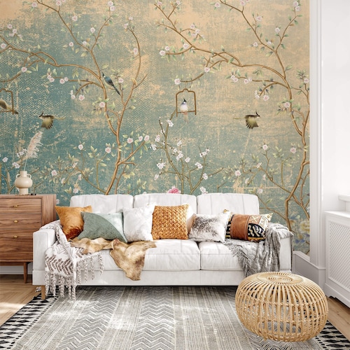 VEELIKE Green Floral Peel & Stick Wallpaper With Birds – Vintage Chinoiserie, 17.7" X 354", Removable Self-Adhesive